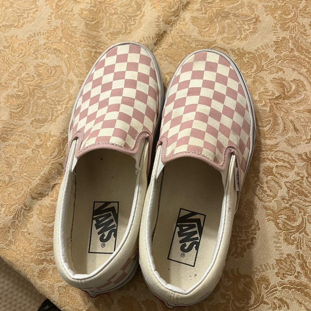 Pink checkered slip on vans